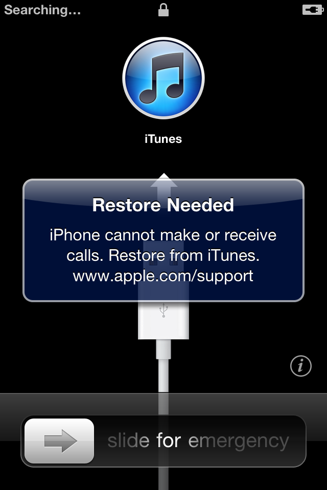 Aqui me pide la restaurasion con itunes .<br /><br />nota:no tiene sim insertada y esta buscando.